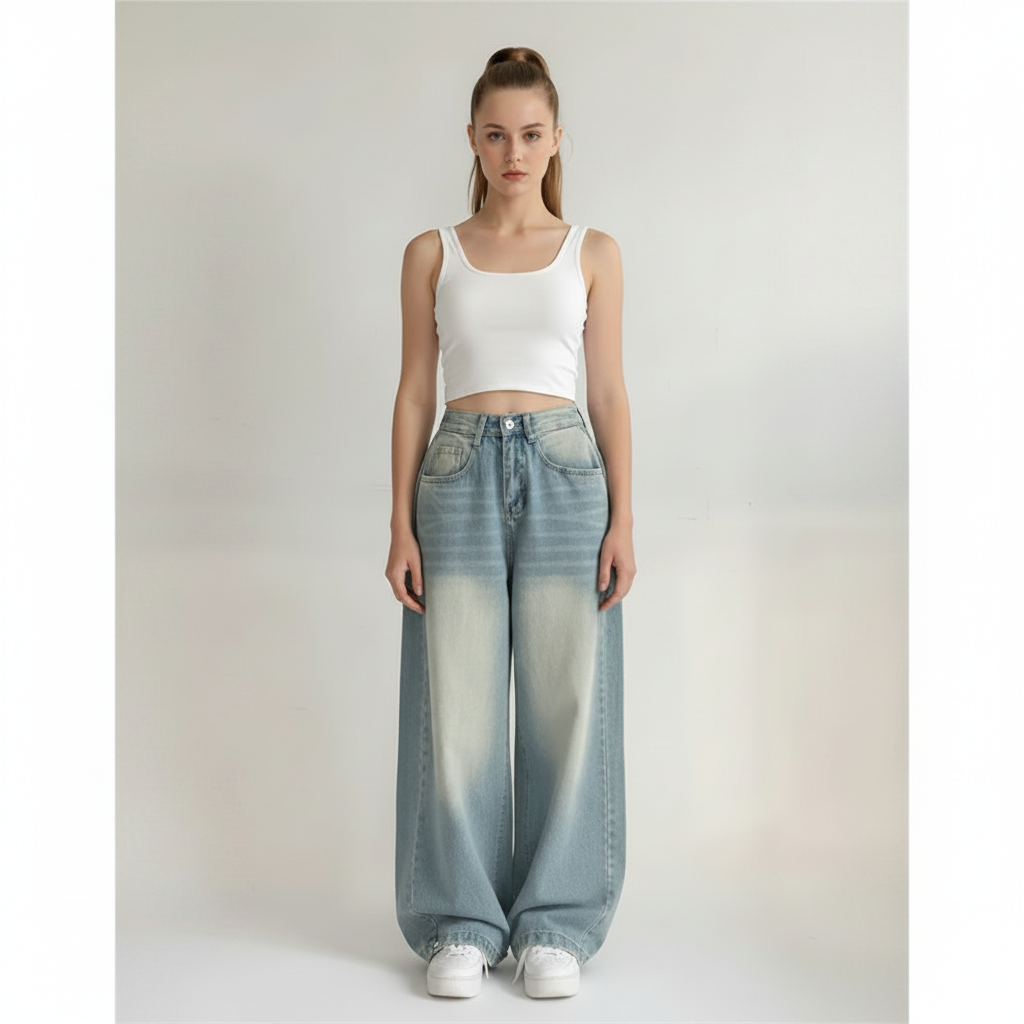 Washed Blue Wide-leg Jeans High Waist Loose Straight Long Pants