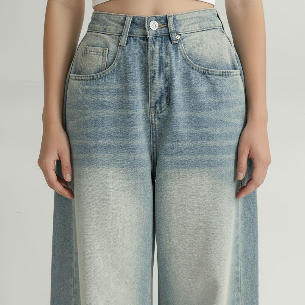 Washed Blue Wide-leg Jeans High Waist Loose Straight Long Pants