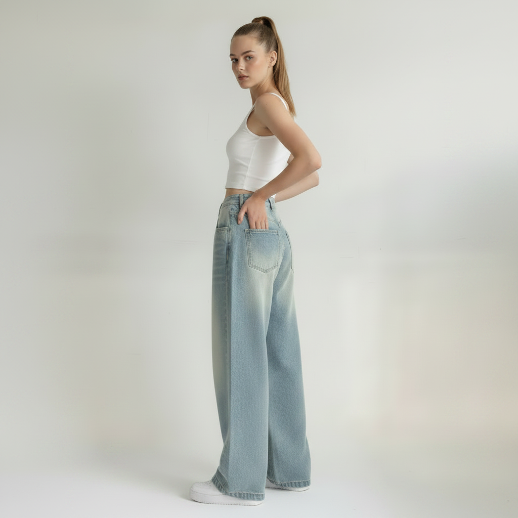 Washed Blue Wide-leg Jeans High Waist Loose Straight Long Pants