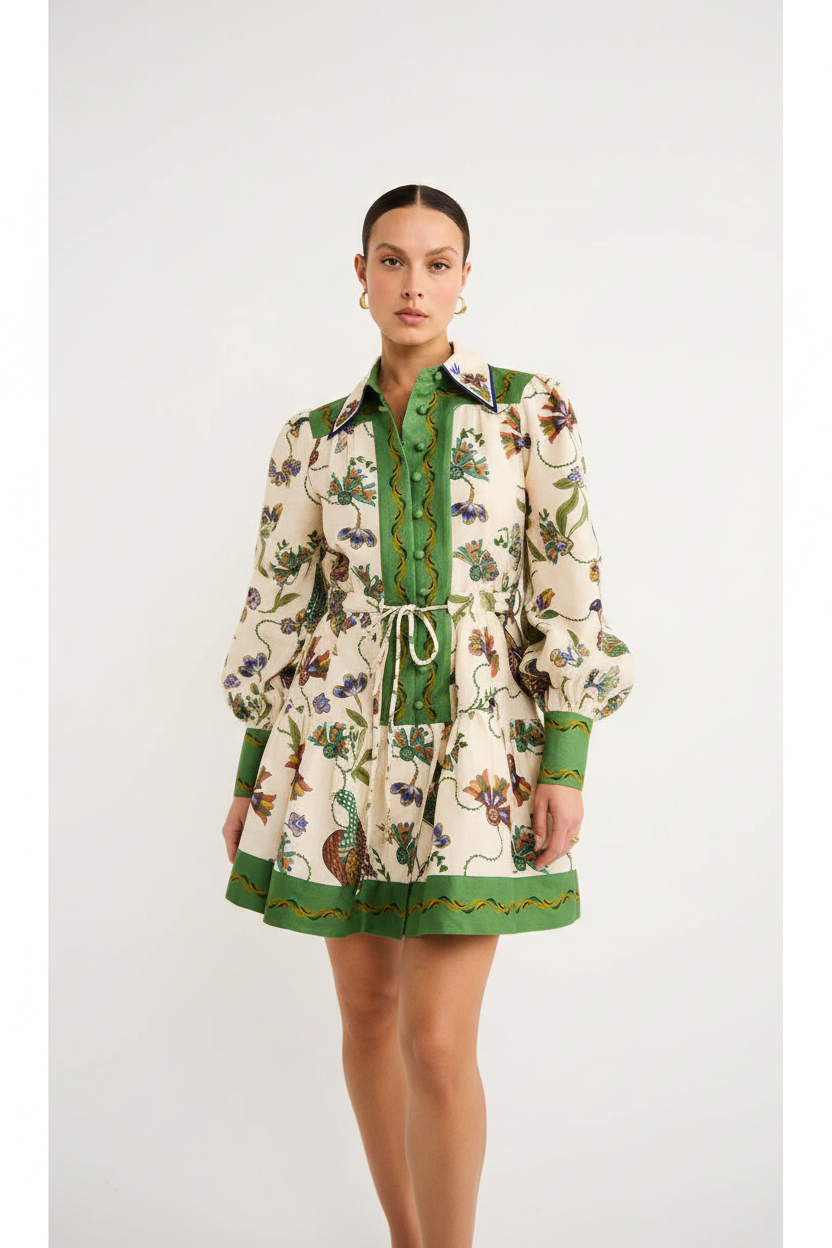 Women's Long Sleeve Printed Lapel Dress