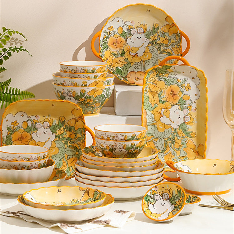 Ceramic Tableware Cartoon Large Binaural Plate Good-looking Steak Plate Fruit Salad Bowl