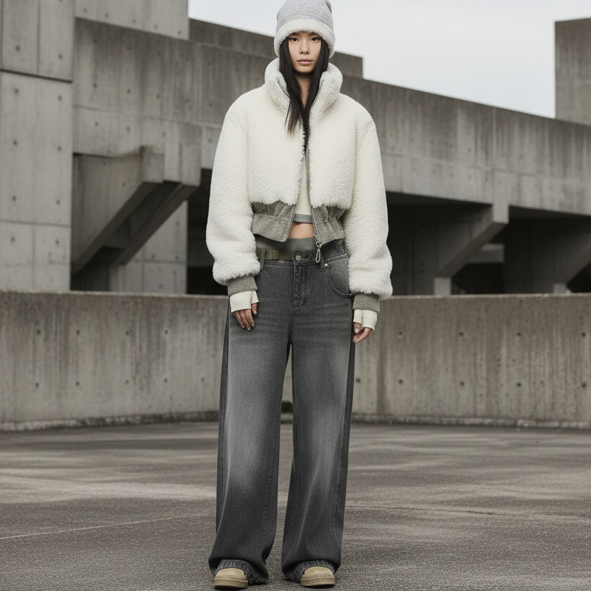 Retro Double-Waistband Washed Straight-Leg Loose Wide-Leg Jeans