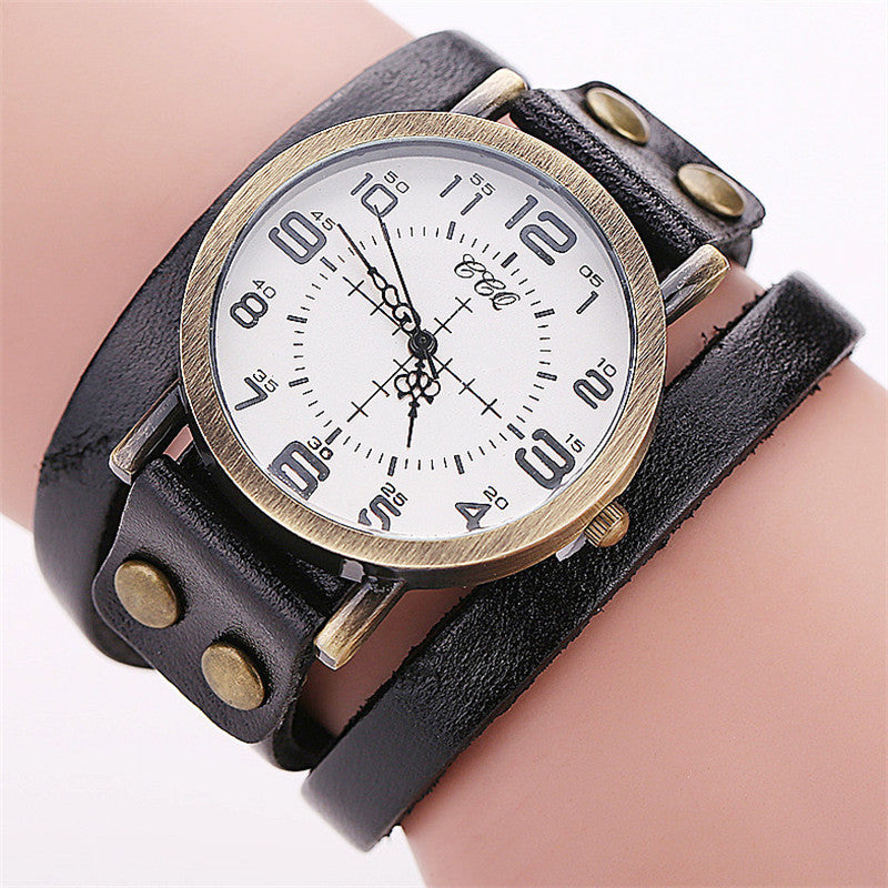 CCQ Vintage Leather Wrap Bracelet Watch 1347