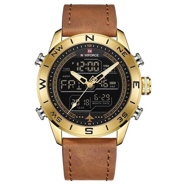 NAVIFORCE 9144 Dual Display Gold & Leather Military Watch
