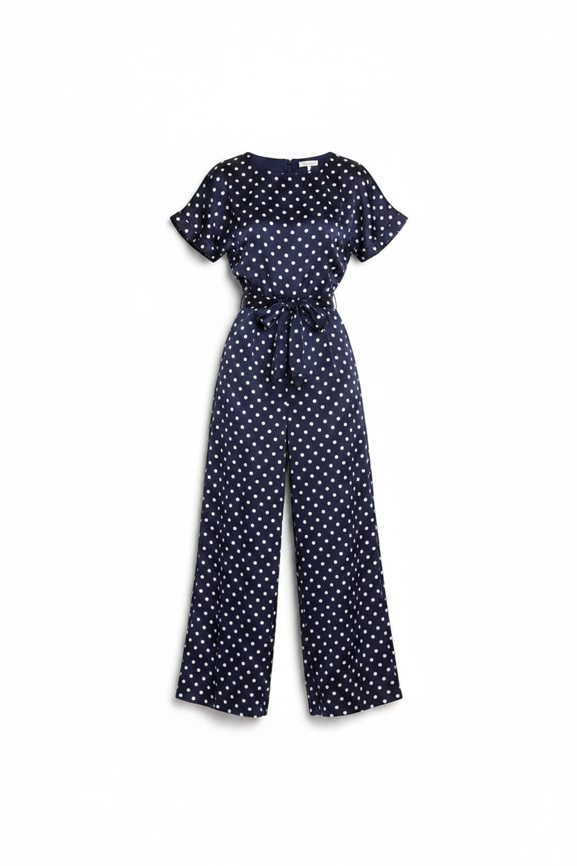 Women's Polka Dot Short Sleeve Lace-Up Jumpsuit