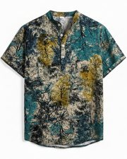 Men's Floral Stand Collar Loose Short Sleeve Shirt