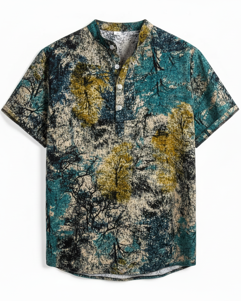 Men's Floral Stand Collar Loose Short Sleeve Shirt