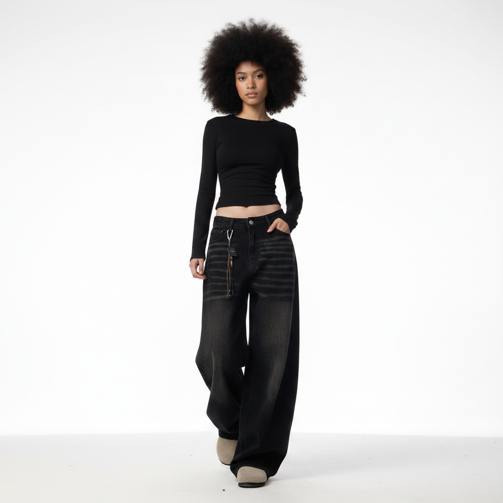 Retro Washed Straight Jeans Loose Drooping Wide Leg Pants