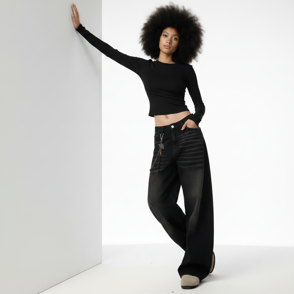 Retro Washed Straight Jeans Loose Drooping Wide Leg Pants