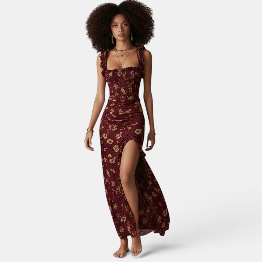 Women's Retro Ruffle-Trimmed Sleeveless Slip Dress – High Side Slit