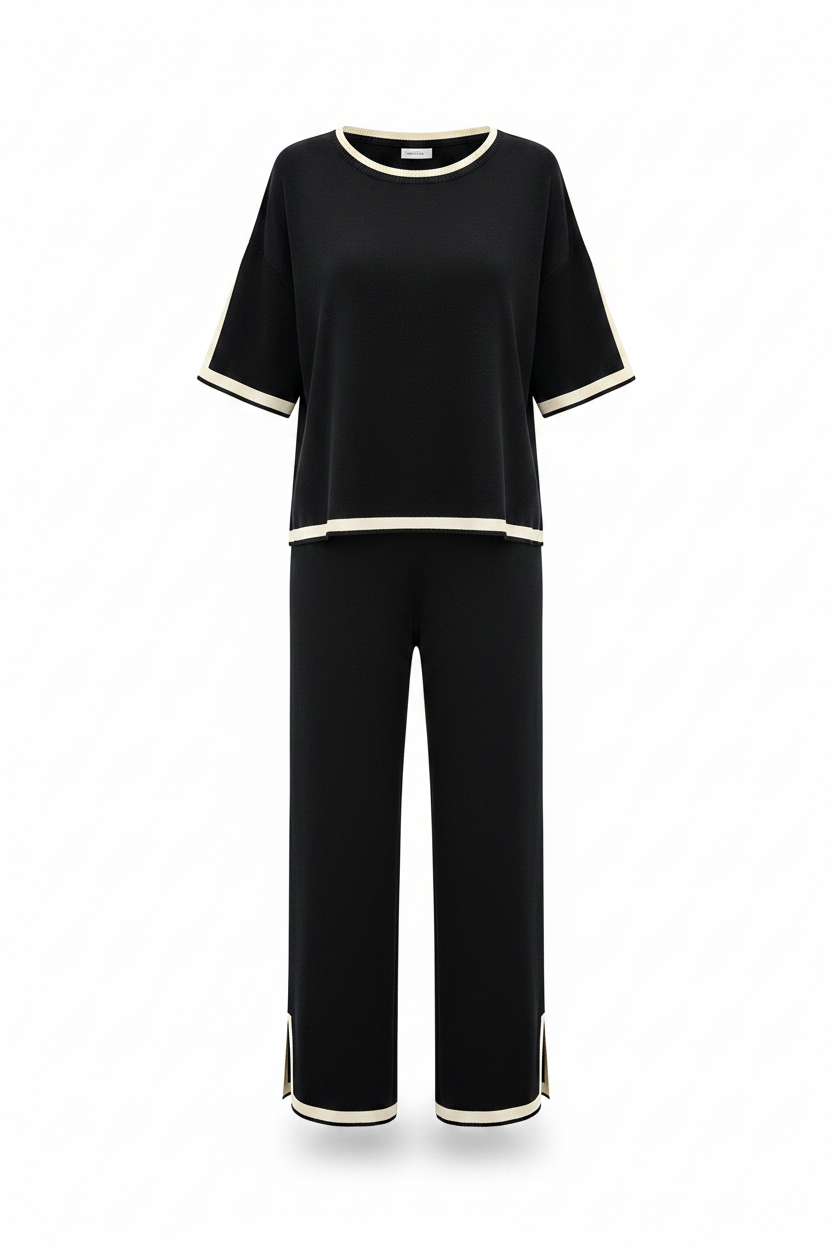 2Pcs Black Striped Knitted Suit Summer Casual Temperament Split Short-sleeved Top And Loose Straight Trousers Womens Clothing