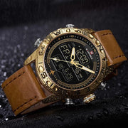 NAVIFORCE 9144 Dual Display Gold & Leather Military Watch
