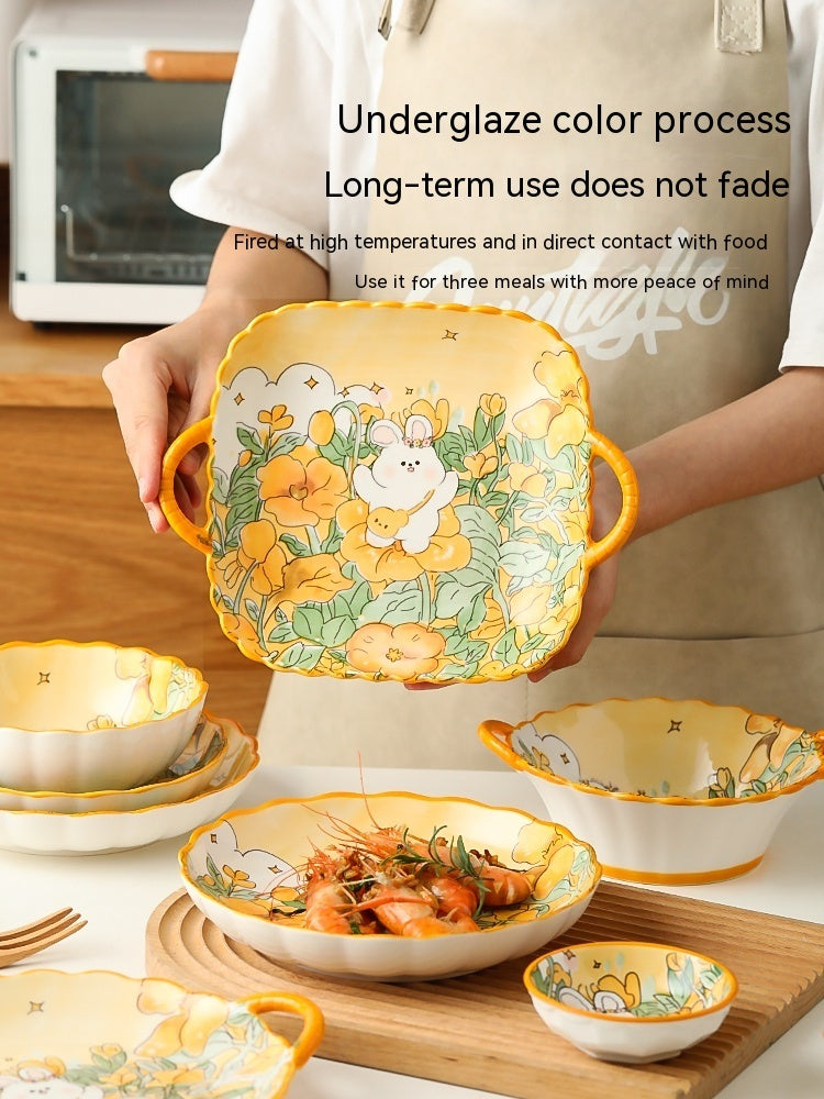 Ceramic Tableware Cartoon Large Binaural Plate Good-looking Steak Plate Fruit Salad Bowl