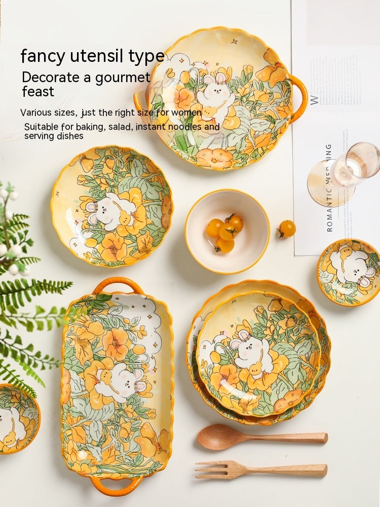 Ceramic Tableware Cartoon Large Binaural Plate Good-looking Steak Plate Fruit Salad Bowl