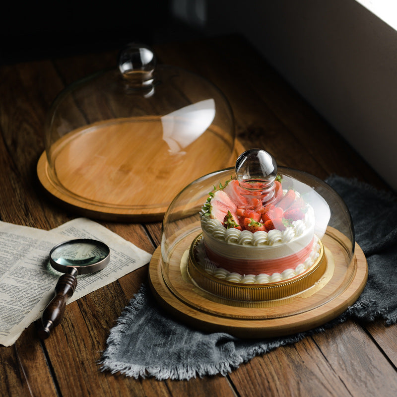 Bamboo wooden cake glass cover tray