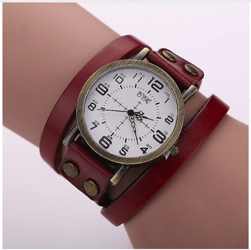 CCQ Vintage Leather Wrap Bracelet Watch 1347