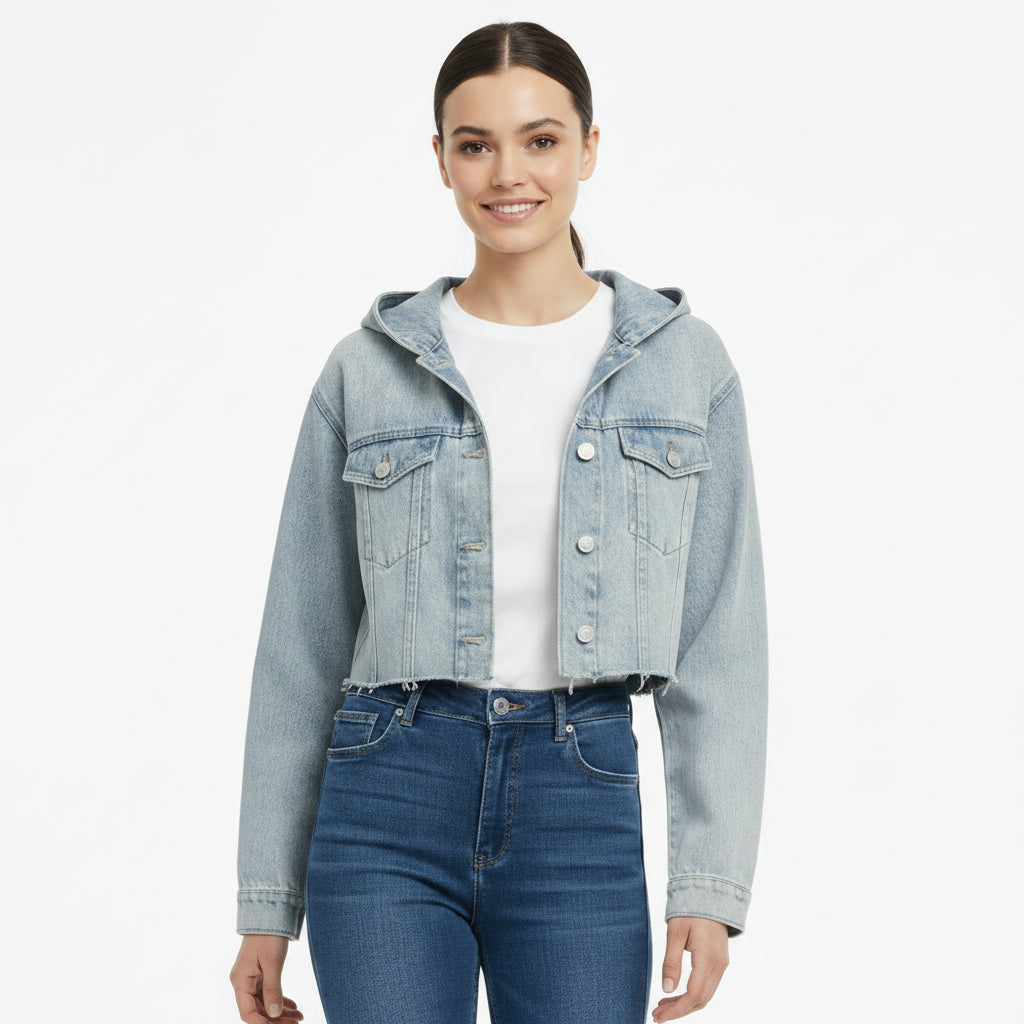 Women's Washed Frayed Hem Hooded Denim Jacket