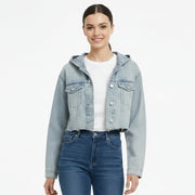 Women's Washed Frayed Hem Hooded Denim Jacket