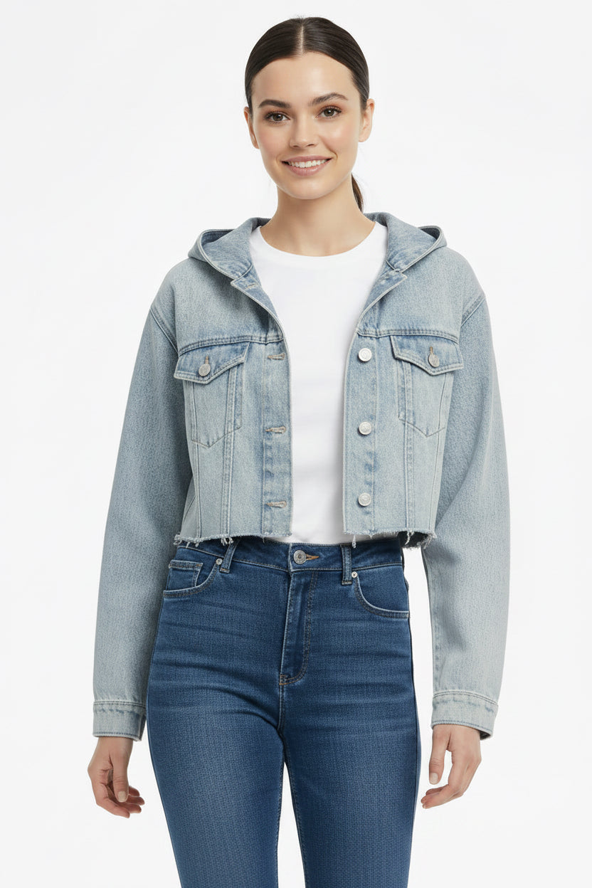 Women's Washed Frayed Hem Hooded Denim Jacket