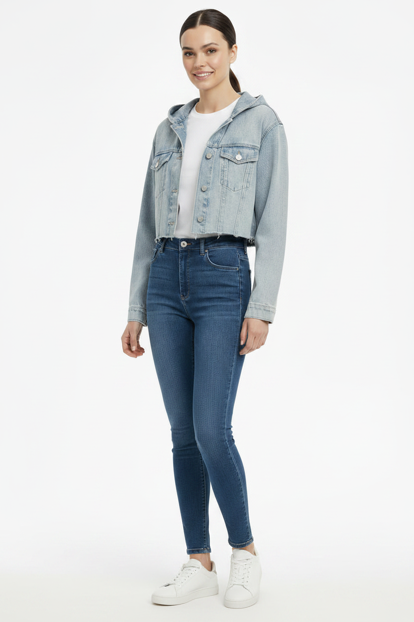 Women's Washed Frayed Hem Hooded Denim Jacket