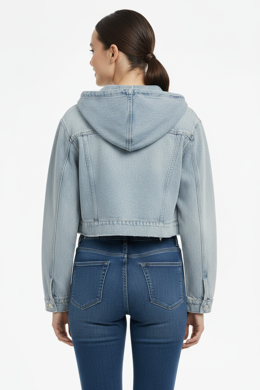 Women's Washed Frayed Hem Hooded Denim Jacket