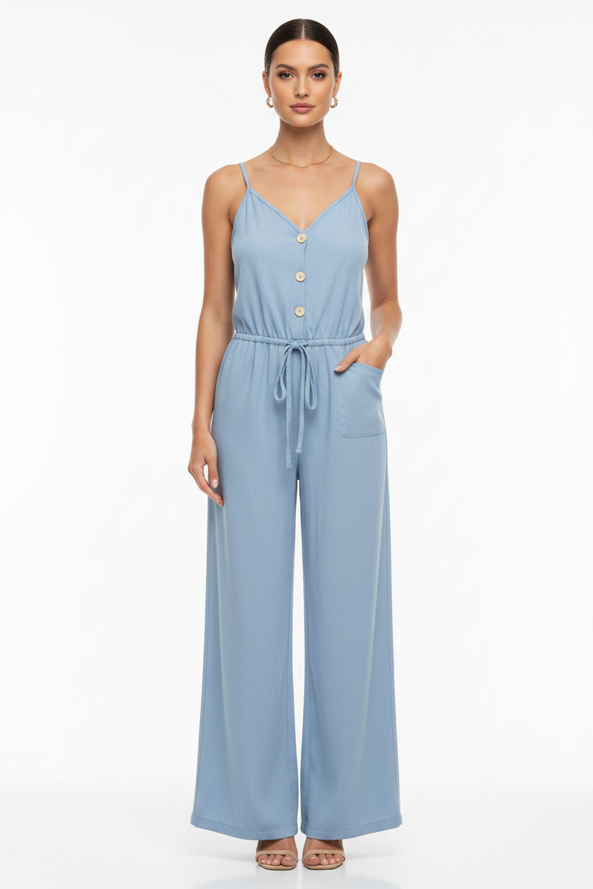 Women's Solid-Colour Casual Belted Strap Jumpsuit