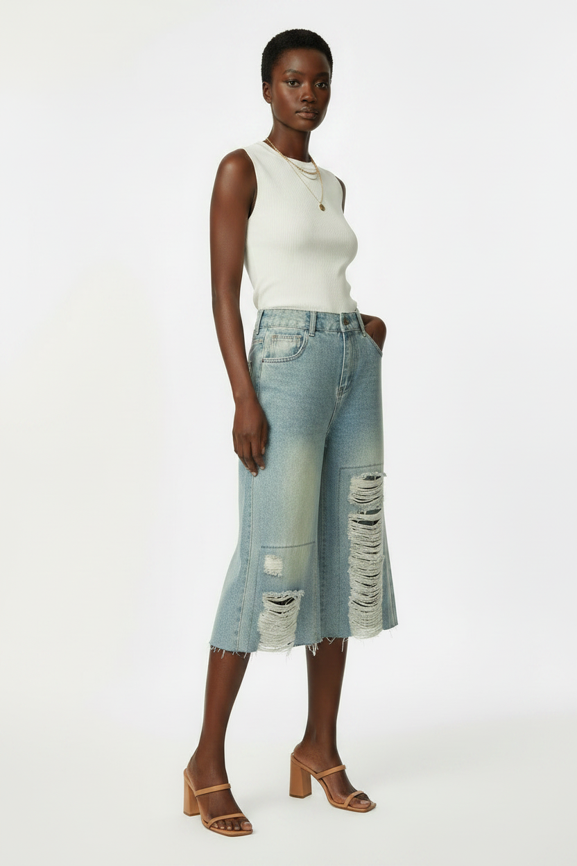 Chic Distressed Denim Loose-fitting Cropped Pants
