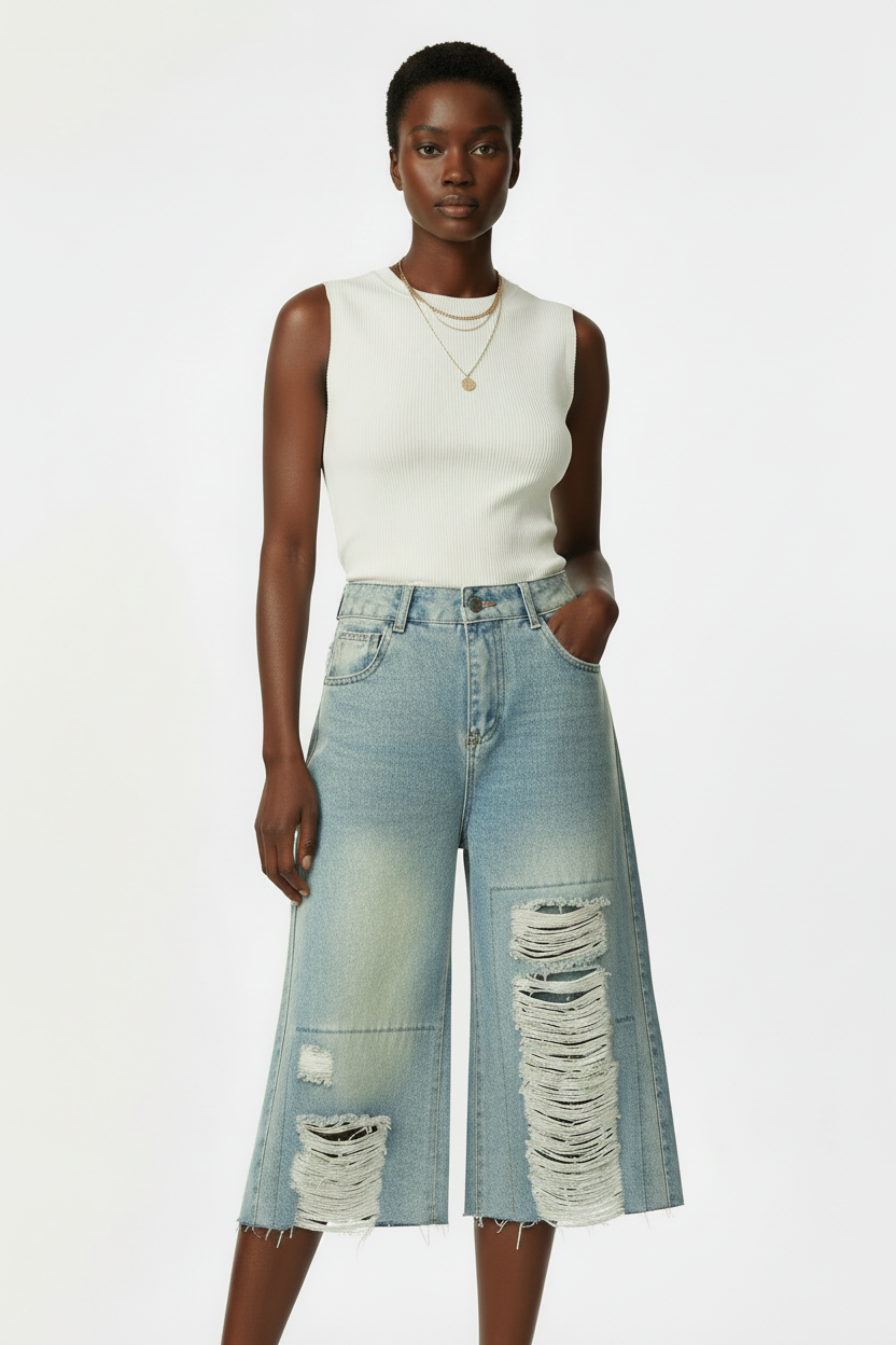 Chic Distressed Denim Loose-fitting Cropped Pants