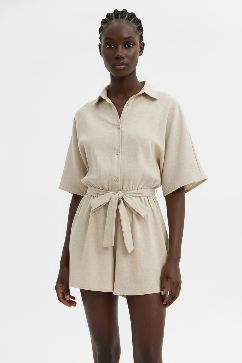 Fashion Belt Short-sleeved Jumpsuit Women's All-matching