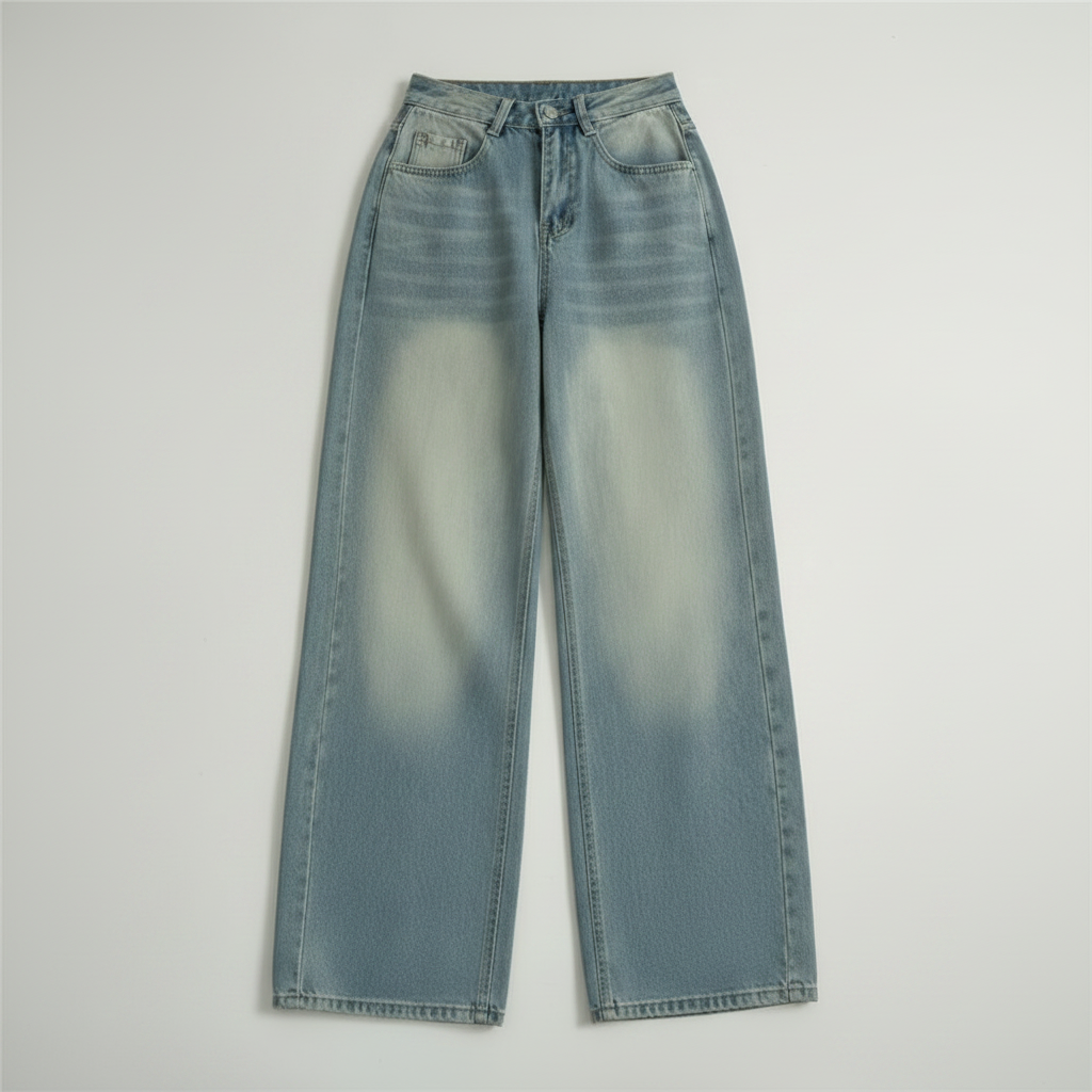 Washed Blue Wide-leg Jeans High Waist Loose Straight Long Pants