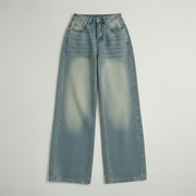 Washed Blue Wide-leg Jeans High Waist Loose Straight Long Pants