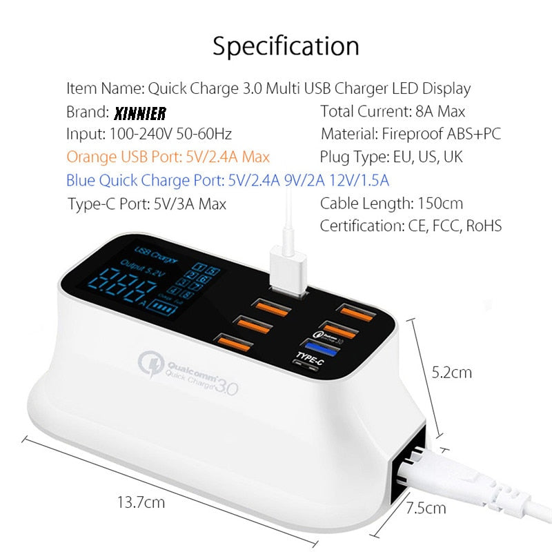 Multi-Port Smart USB Charger Station with Quick Charge 3.0
