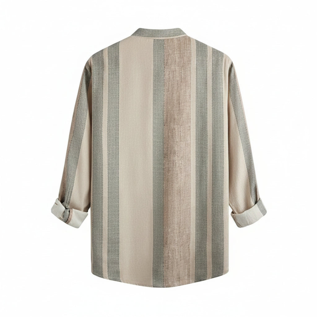 Men's Striped Stand Collar Slub Linen Casual Shirt