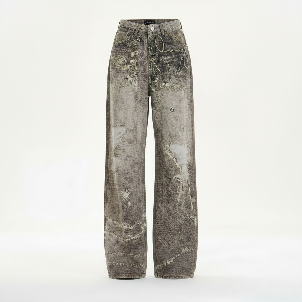 Retro Washed Worn Jeans Loose Straight Wide-leg Pants