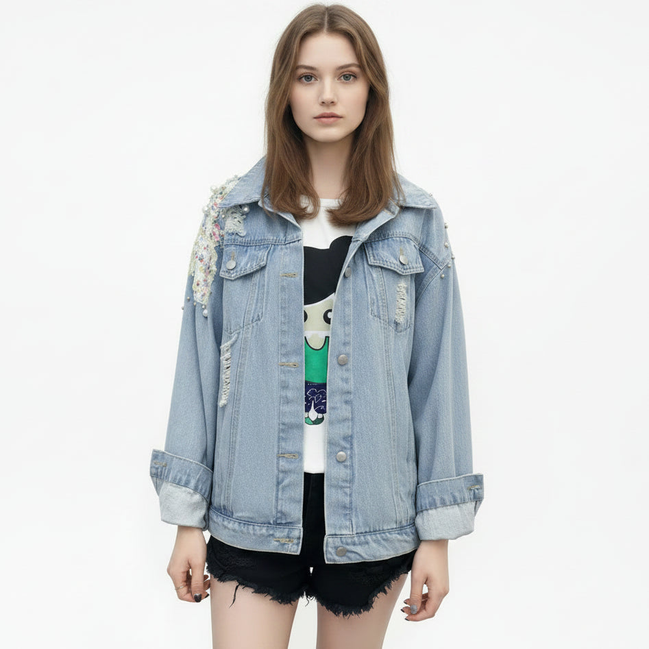 Women's Korean-Style Loose Embroidered Denim Jacket