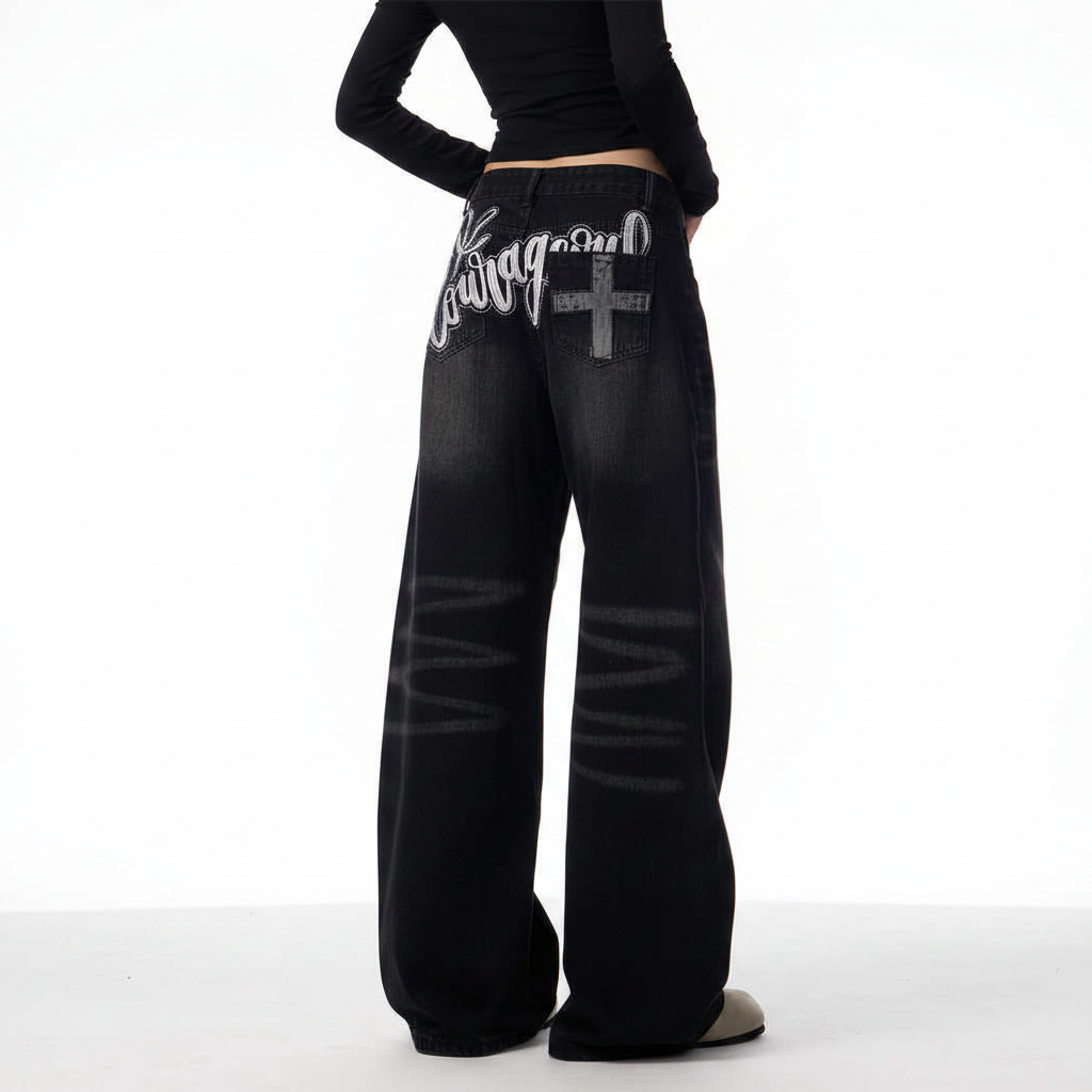 Retro Washed Straight Jeans Loose Drooping Wide Leg Pants
