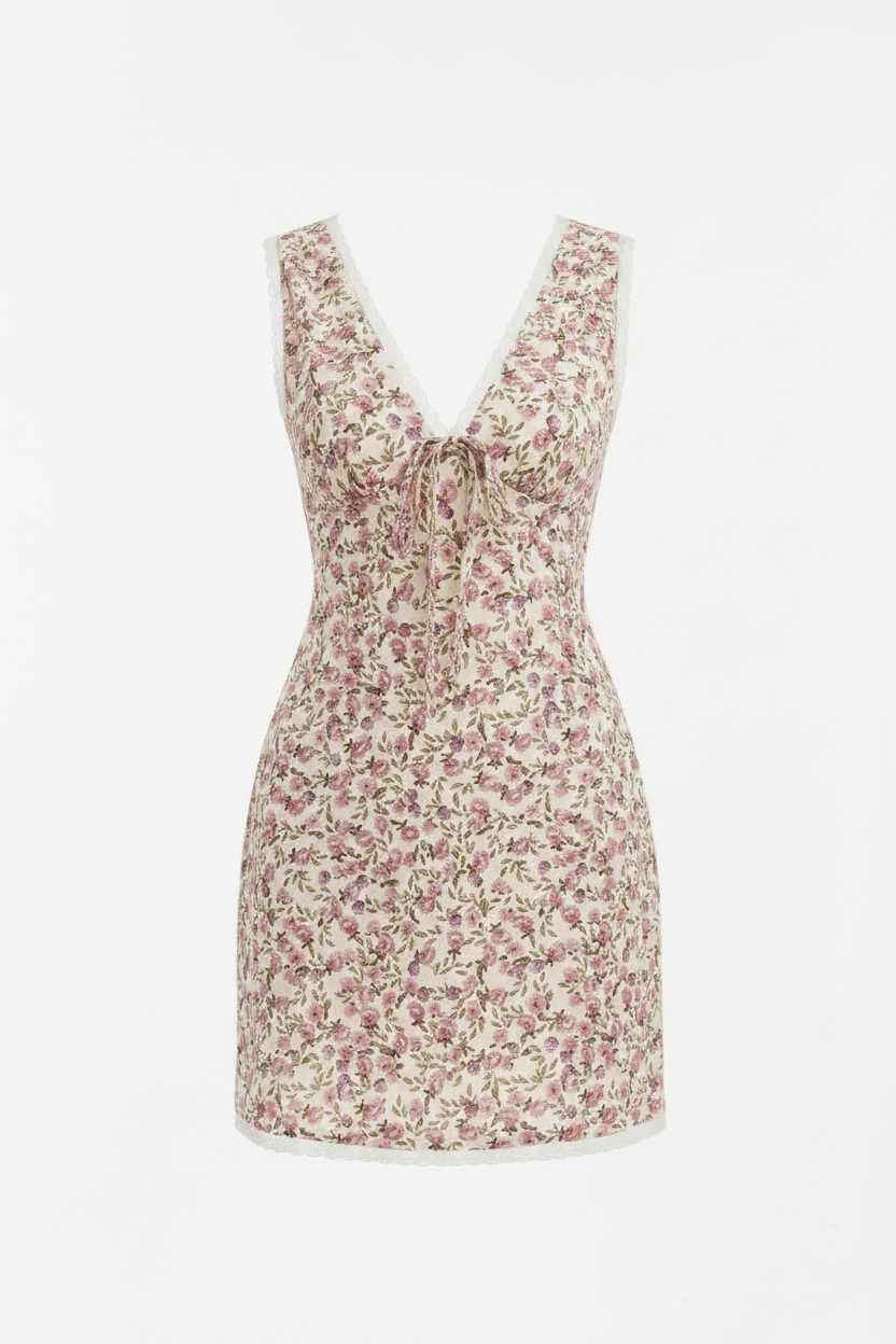 French-style Romantic Lace V-neck Floral-print Sleeveless Dress