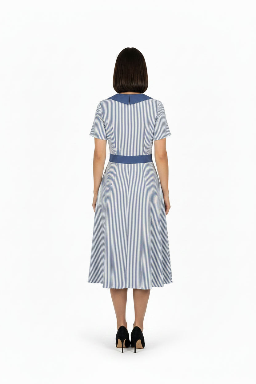 Single Breasted V-Neck High Waist Striped Dress