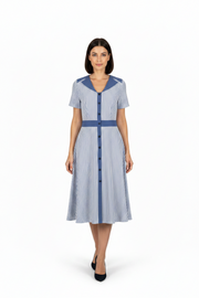 Single Breasted V-Neck High Waist Striped Dress