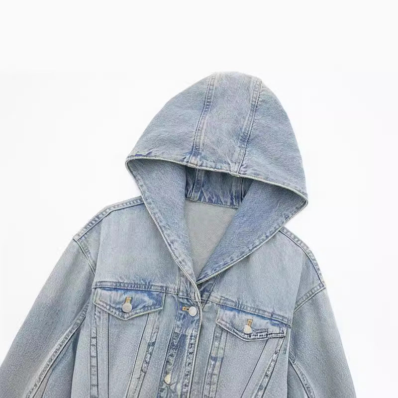 Women's Washed Frayed Hem Hooded Denim Jacket