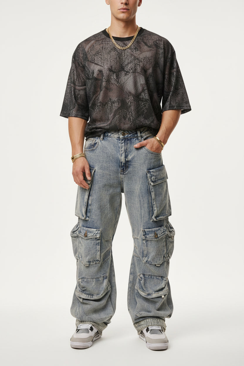 Men's Retro Straight-Leg Jeans with Multi-Pockets