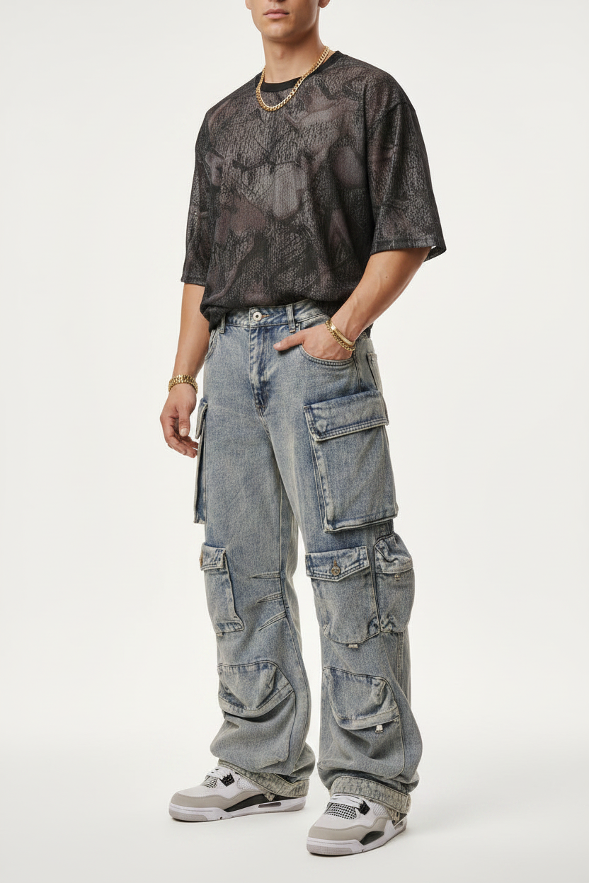 Men's Retro Straight-Leg Jeans with Multi-Pockets