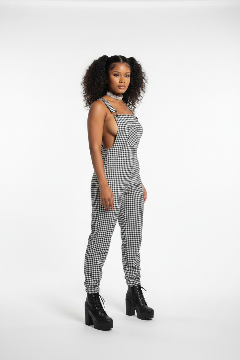 Dames Nieuwe Modieuze Geruite Bretel Enkelband Jumpsuit