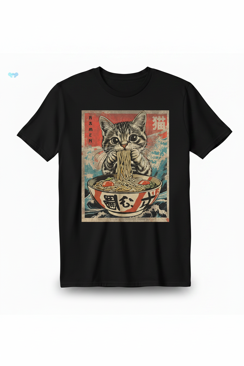 Kawaii Cat Ramen Anime Print T-Shirt