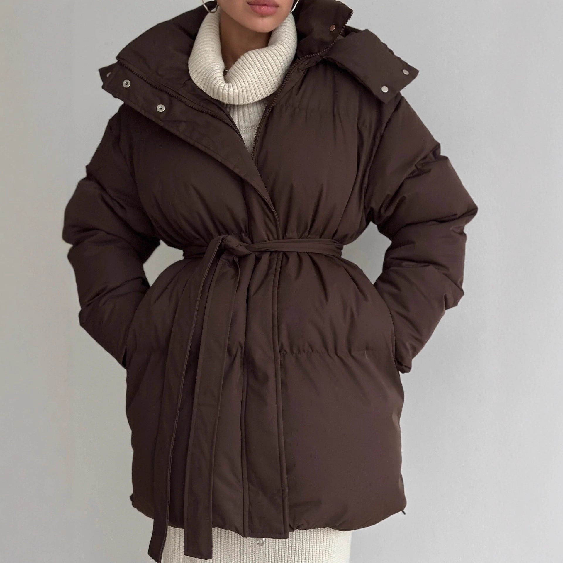 Women's Casual Waist-Cinching Hooded Mid-Length Padded Jacket