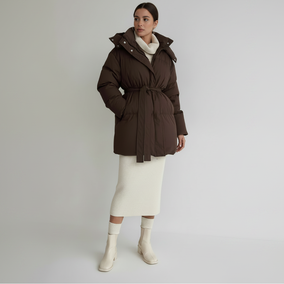 Women's Casual Waist-Cinching Hooded Mid-Length Padded Jacket