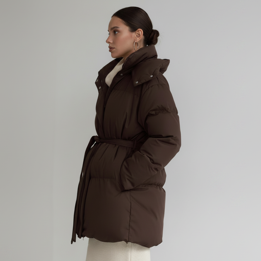 Women's Casual Waist-Cinching Hooded Mid-Length Padded Jacket