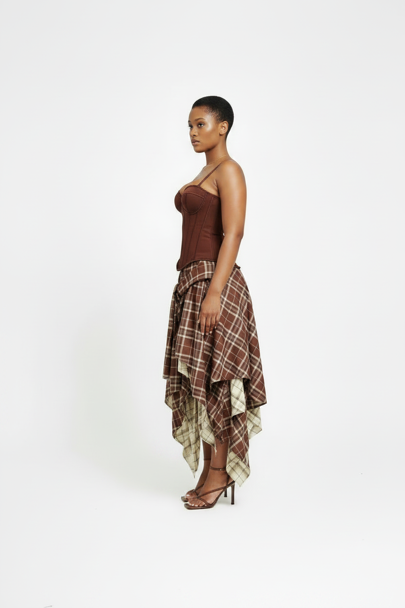 Brown Corset Top & Plaid Asymmetrical Skirt 2-Piece Set