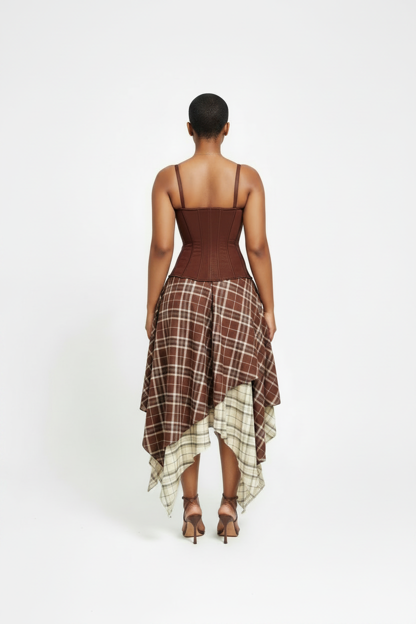 Brown Corset Top & Plaid Asymmetrical Skirt 2-Piece Set