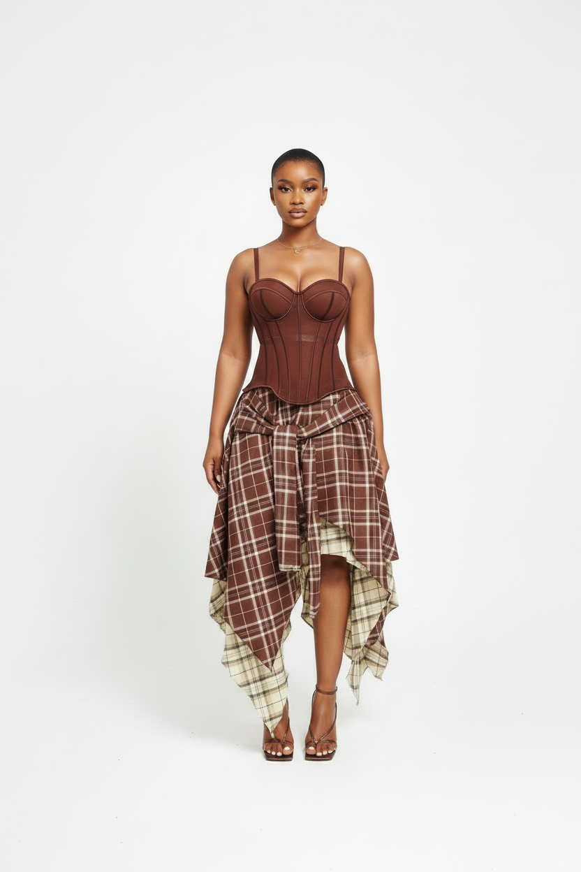 Brown Corset Top & Plaid Asymmetrical Skirt 2-Piece Set